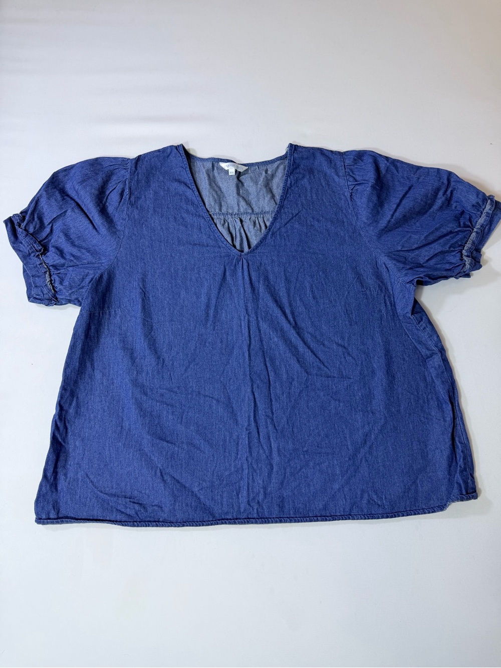 Draper James Chambray Denim Top Women XXL Ruffled Puff Sleeve V Neck Western